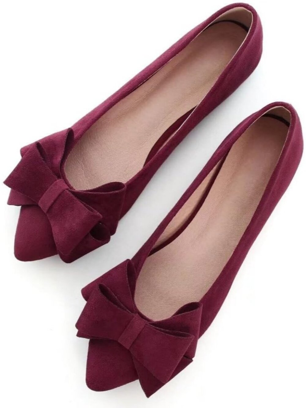 Women's Wine Red Suede Fashion Bowknot Flats Comfort Pointed Toe Dressy Shoes
